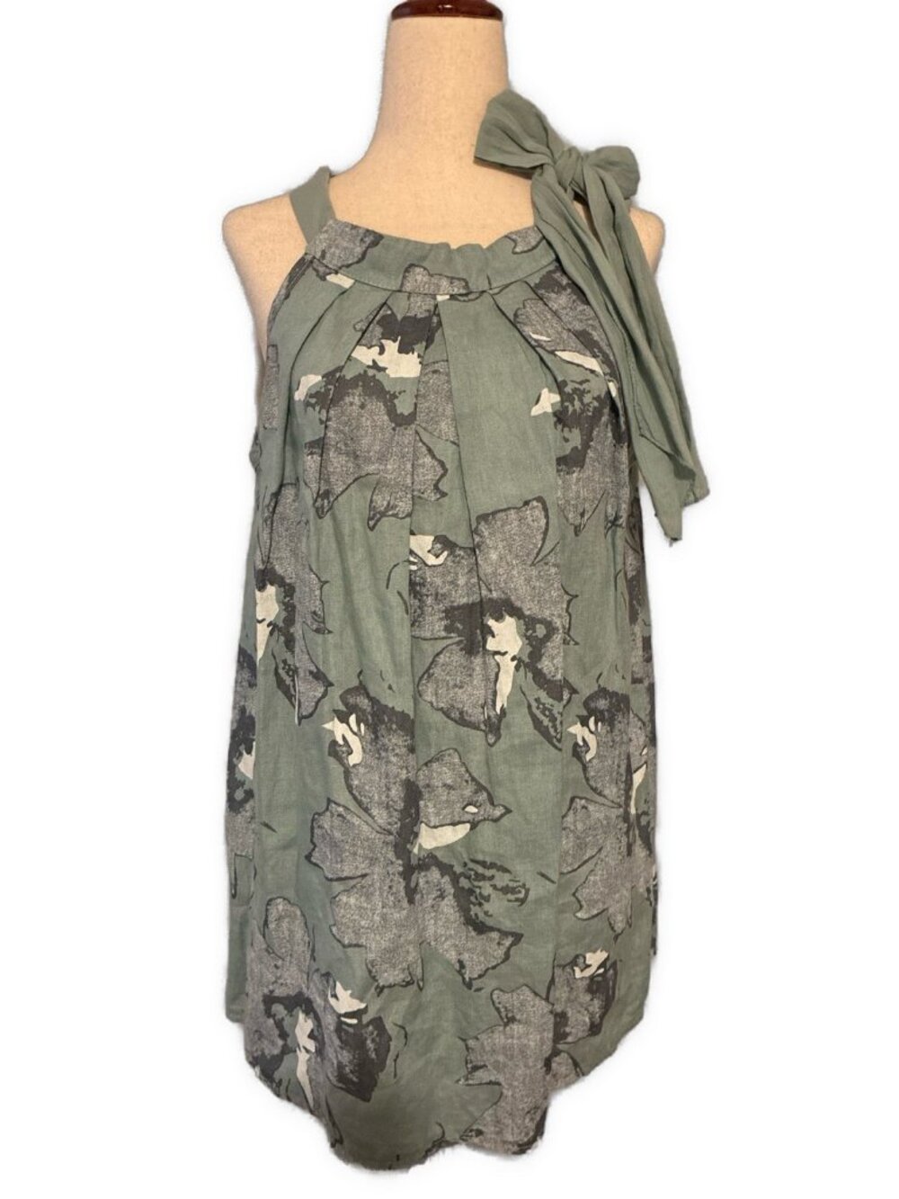 Bellambra Italy 100% Linen Sage Green White Floral Swing Tunic Tank Top Medium